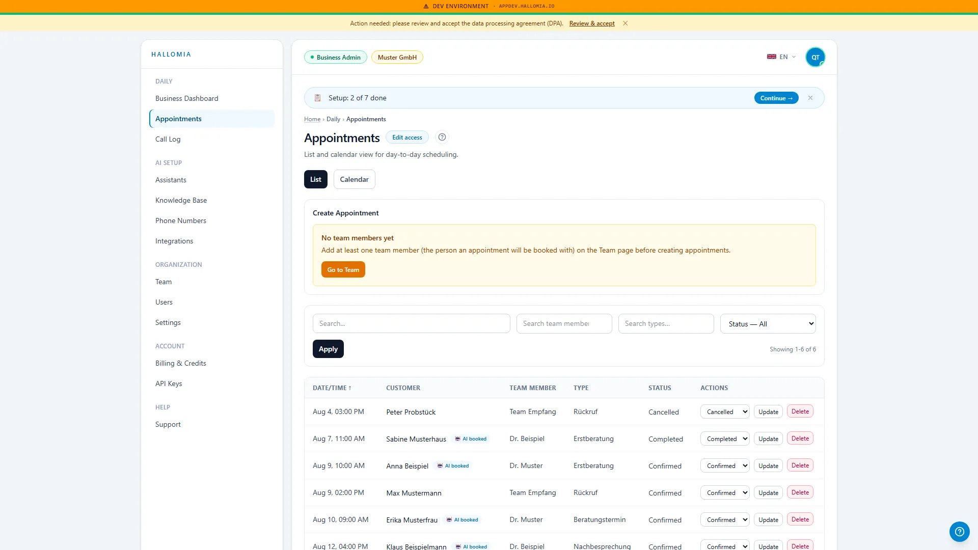 The appointments overview showing the appointments Mia booked