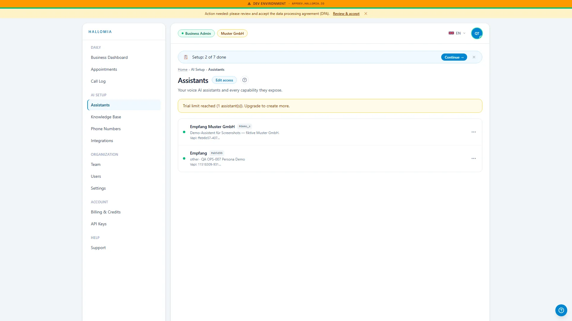 The assistants overview listing your configured assistants