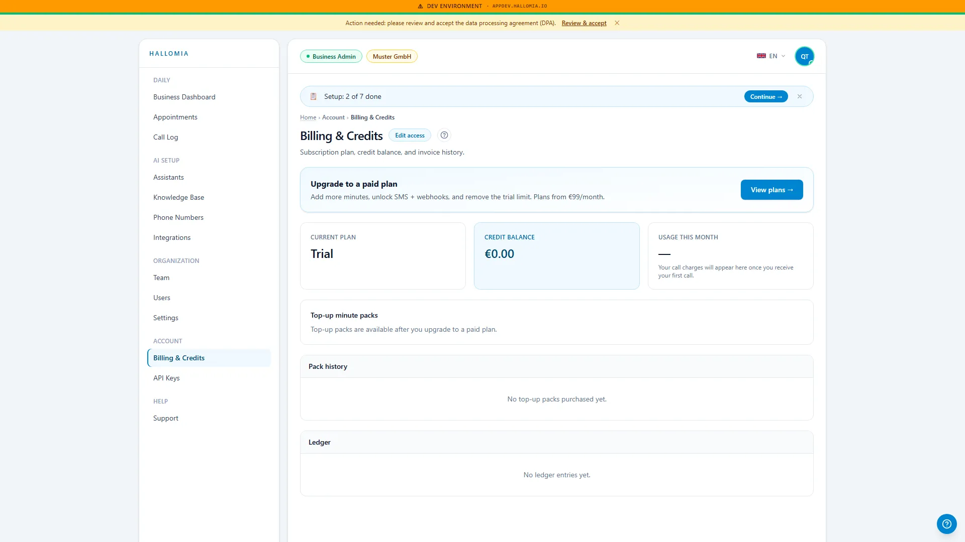 The billing page showing plan, usage and invoices