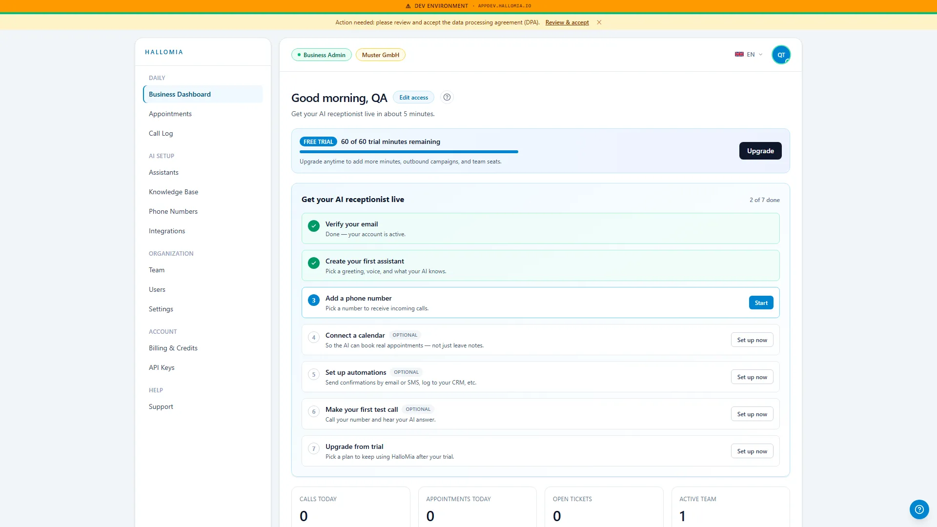 The HalloMia dashboard showing call, appointment and usage figures