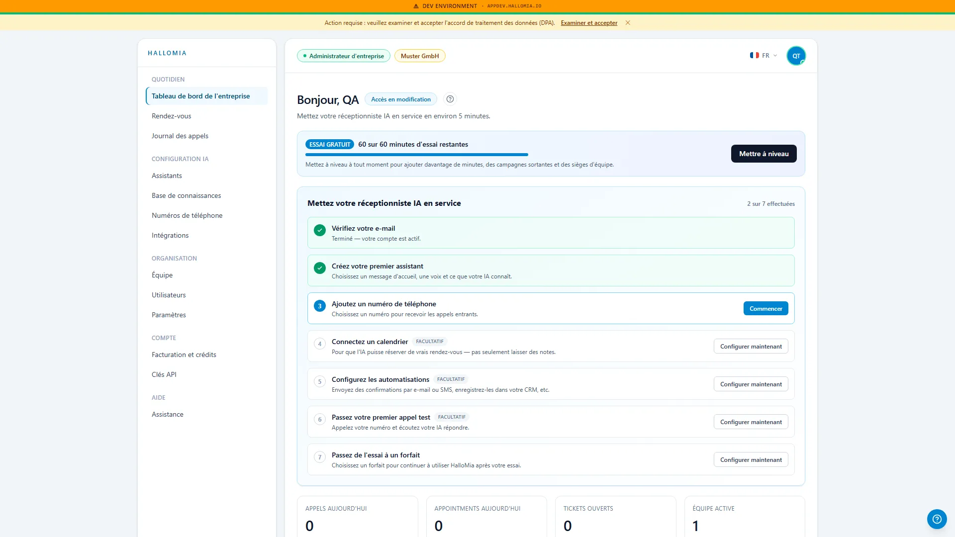 Le tableau de bord HalloMia avec les indicateurs d'appels, de rendez-vous et de consommation