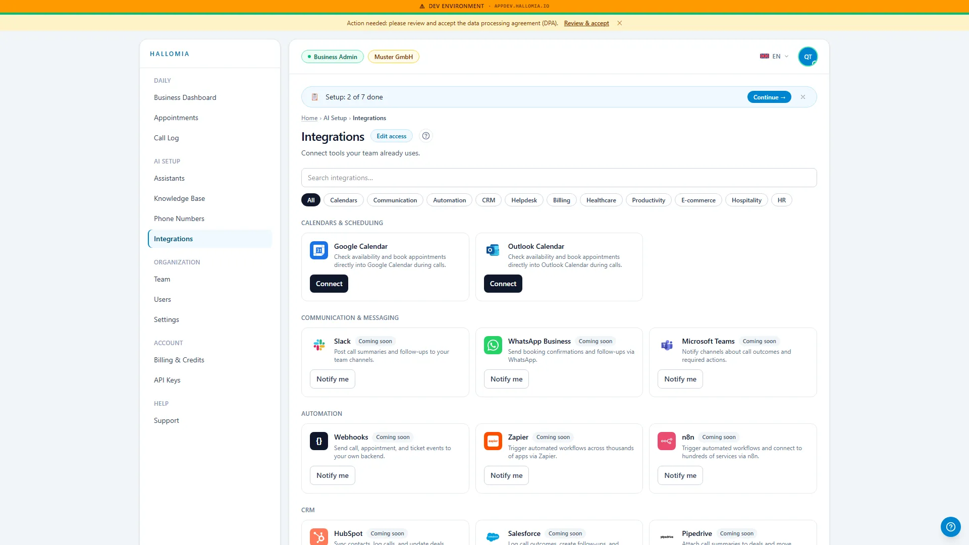 The integrations page — where you check the state of the calendar connection