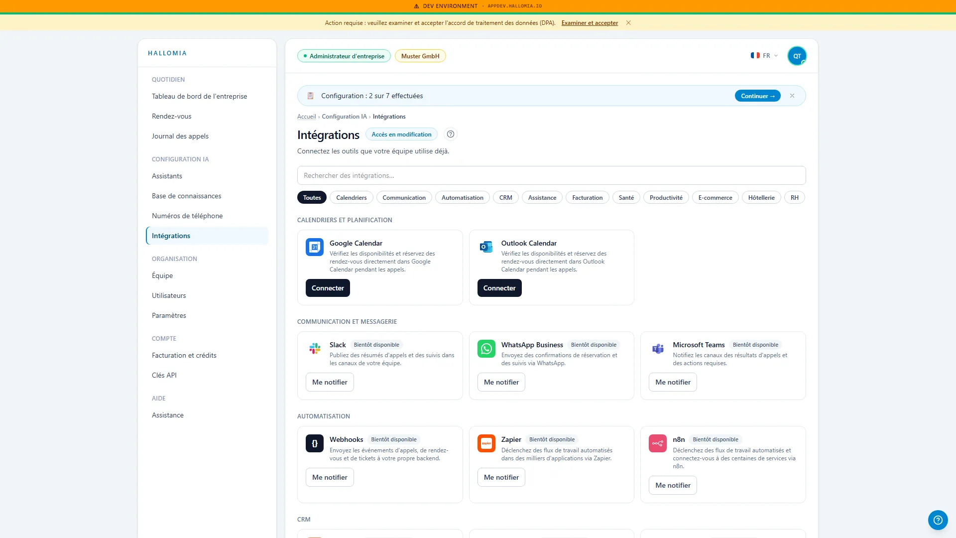 La page des intégrations — vous y vérifiez l'état de la connexion à l'agenda