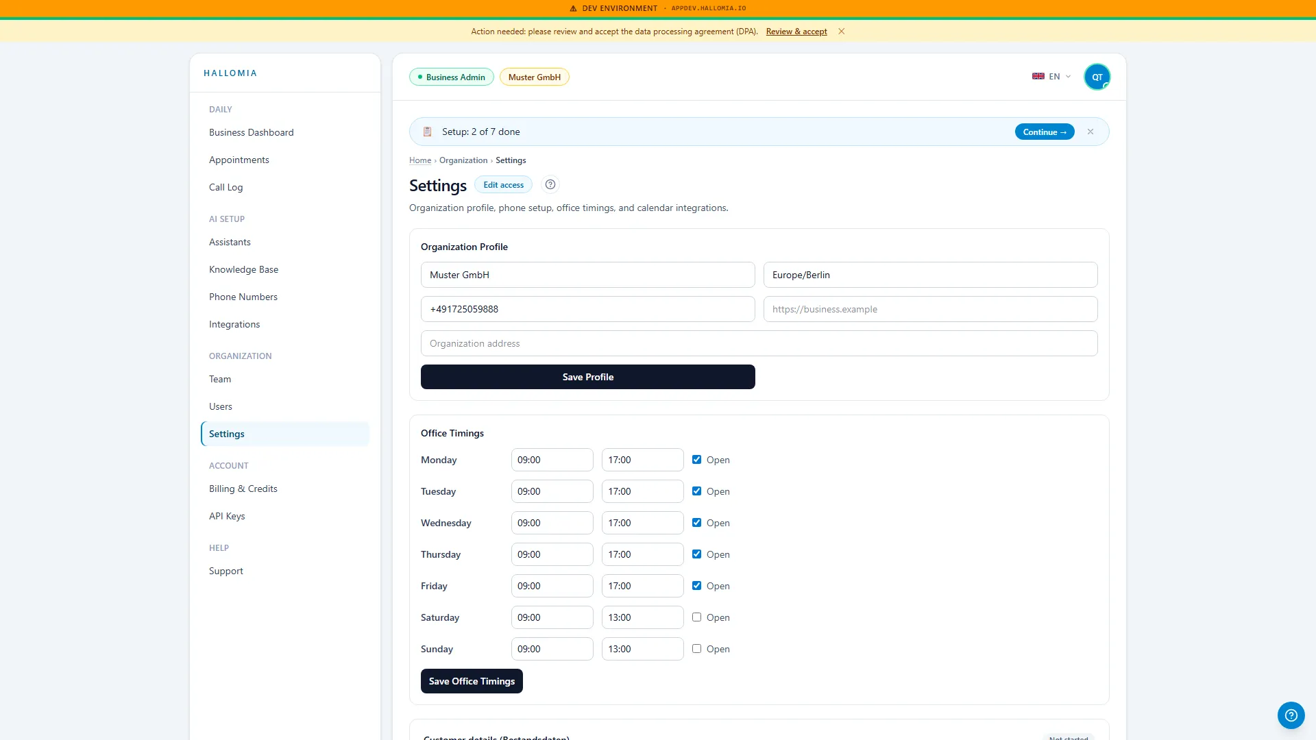 The settings page showing company details